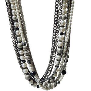 NY Elegant Faux Pearl Silver Tone Beaded Multi Strand Necklace Fashion Jewelry